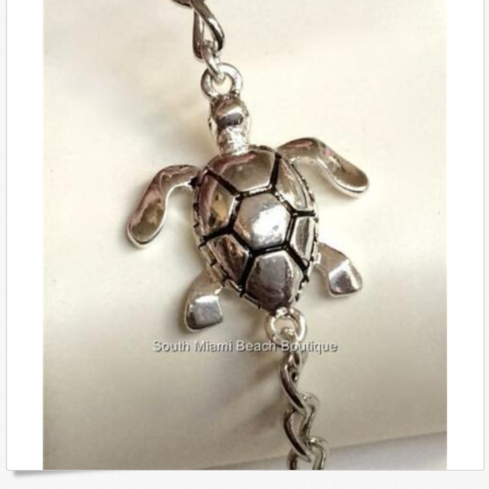 Silver Sea Turtle Charm Bracelet Anklet 9-11.5"